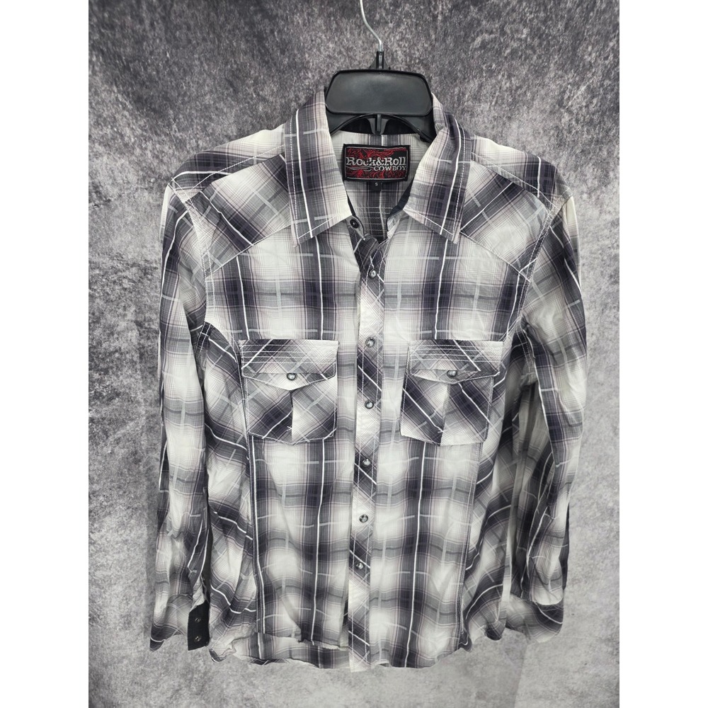 Rock & Roll Cowboy Western Shirt Mens Small Gray Plaid Pearl Snap Western Rodeo